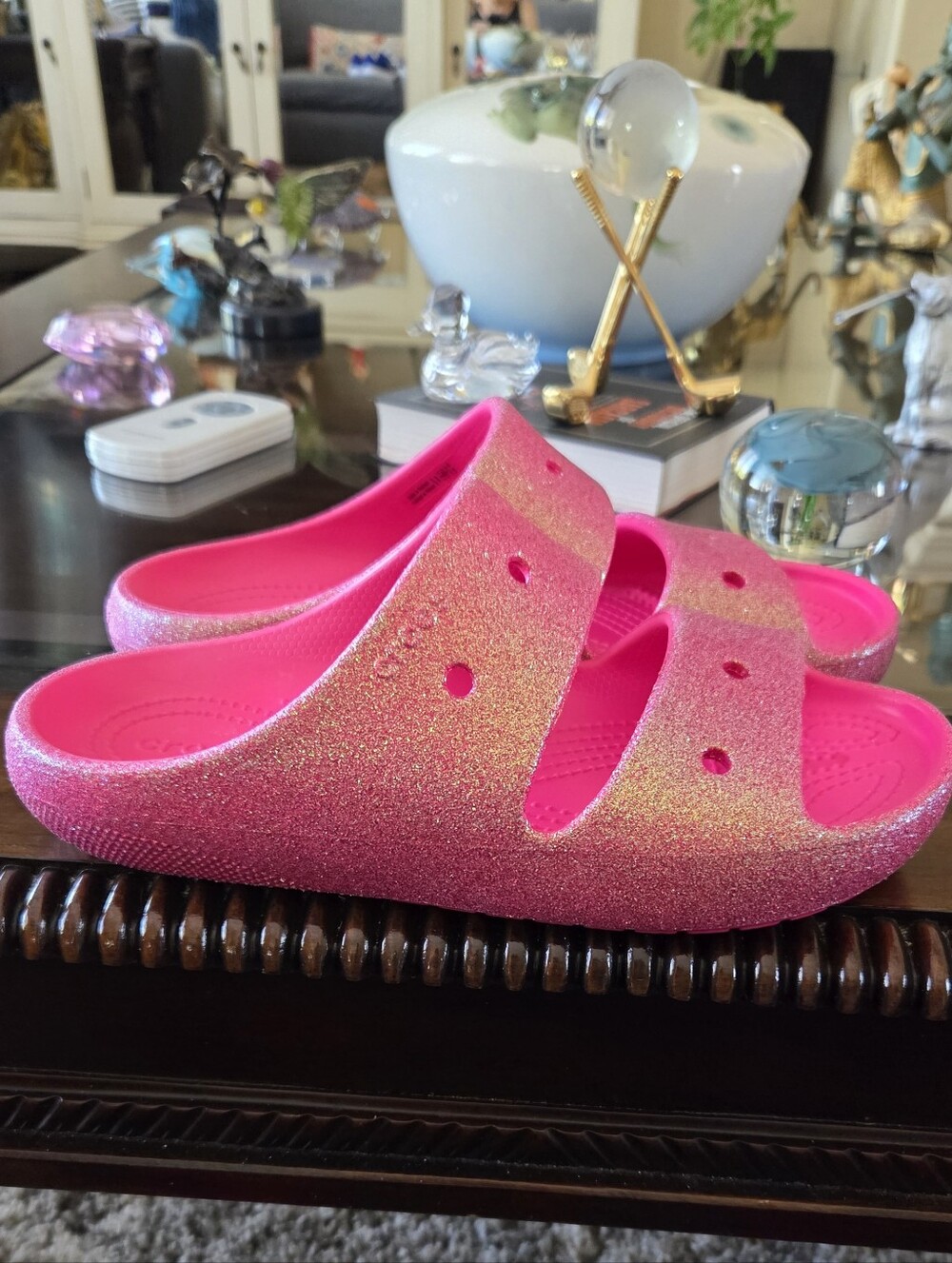 CROCS Womans Glitter Slide Sandals - Hot Pink